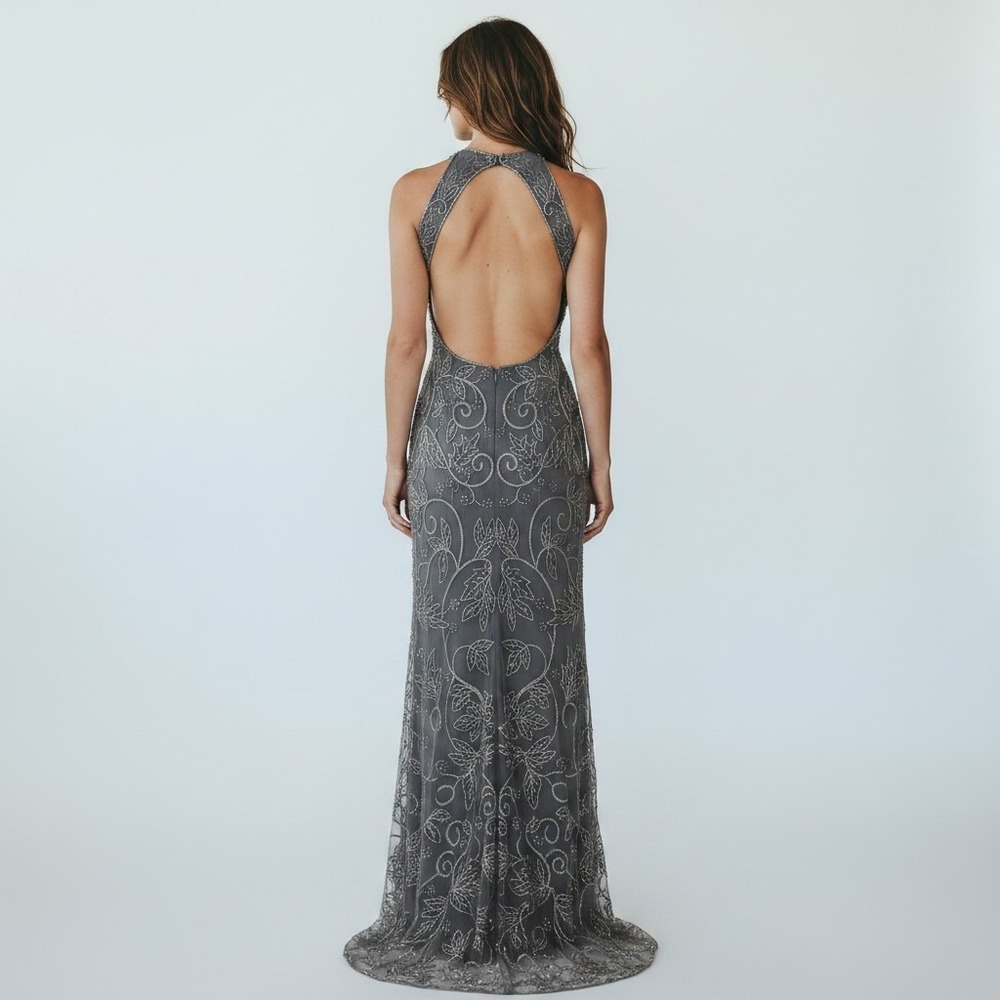 VTG 1990's Scala 100% Silk Beaded Halter Evening Gown Grey Floral Maxi Slit